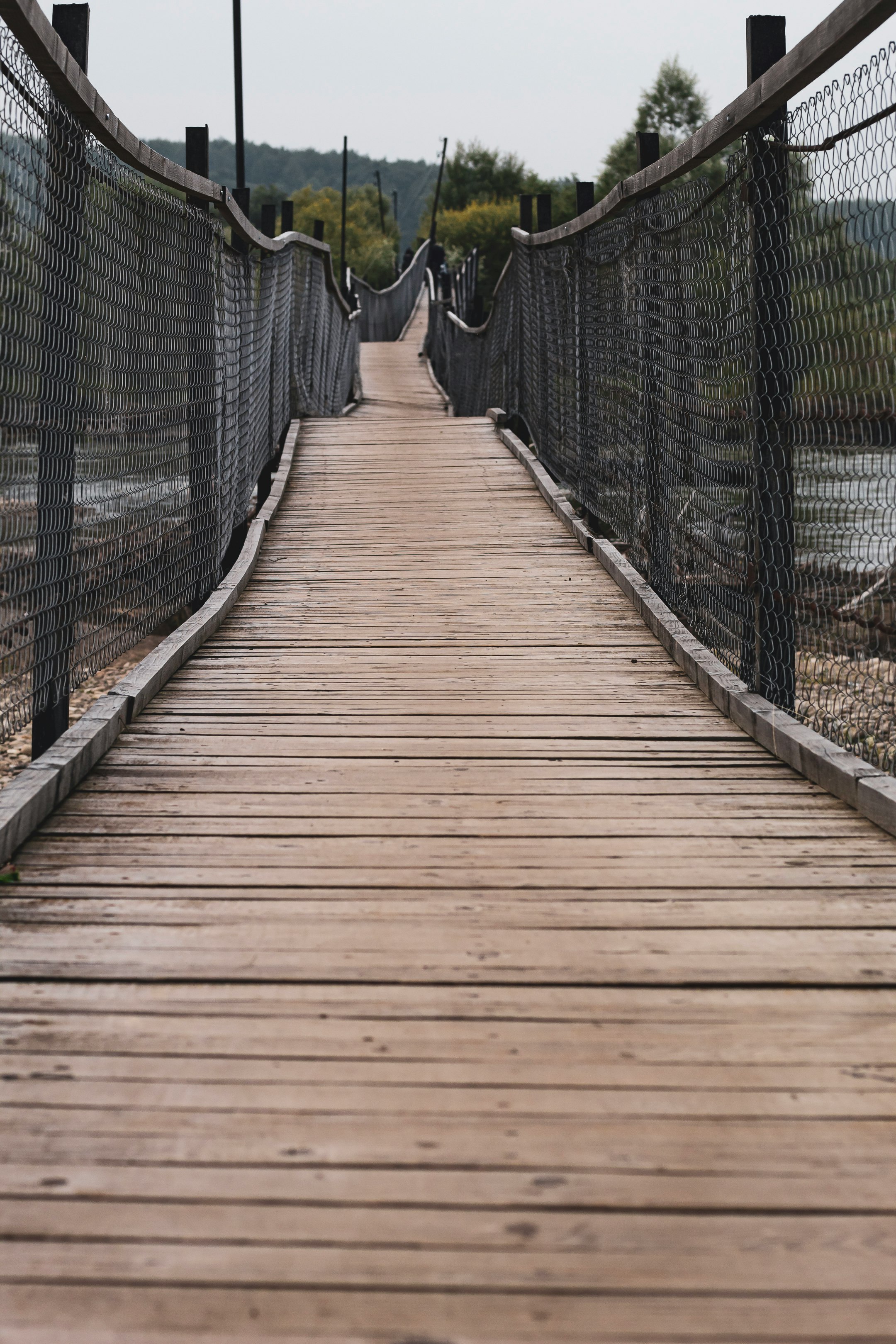 brown wooden bridge with black rope